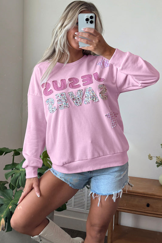 Pink JESUS SAVES Patchwork Stars Plaid Floral Letters Baggy Sweatshirt — image 00