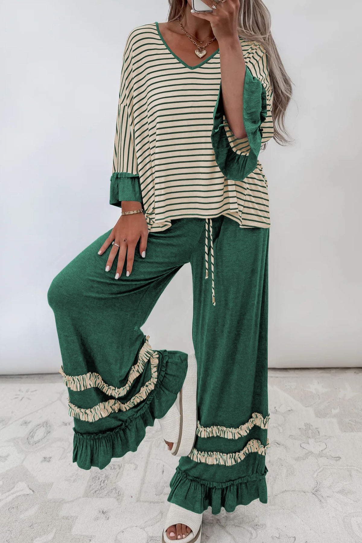 Stripe V-Neck Ruffle Contrast Sleeve Top + Drawstring Pants Set — image 00