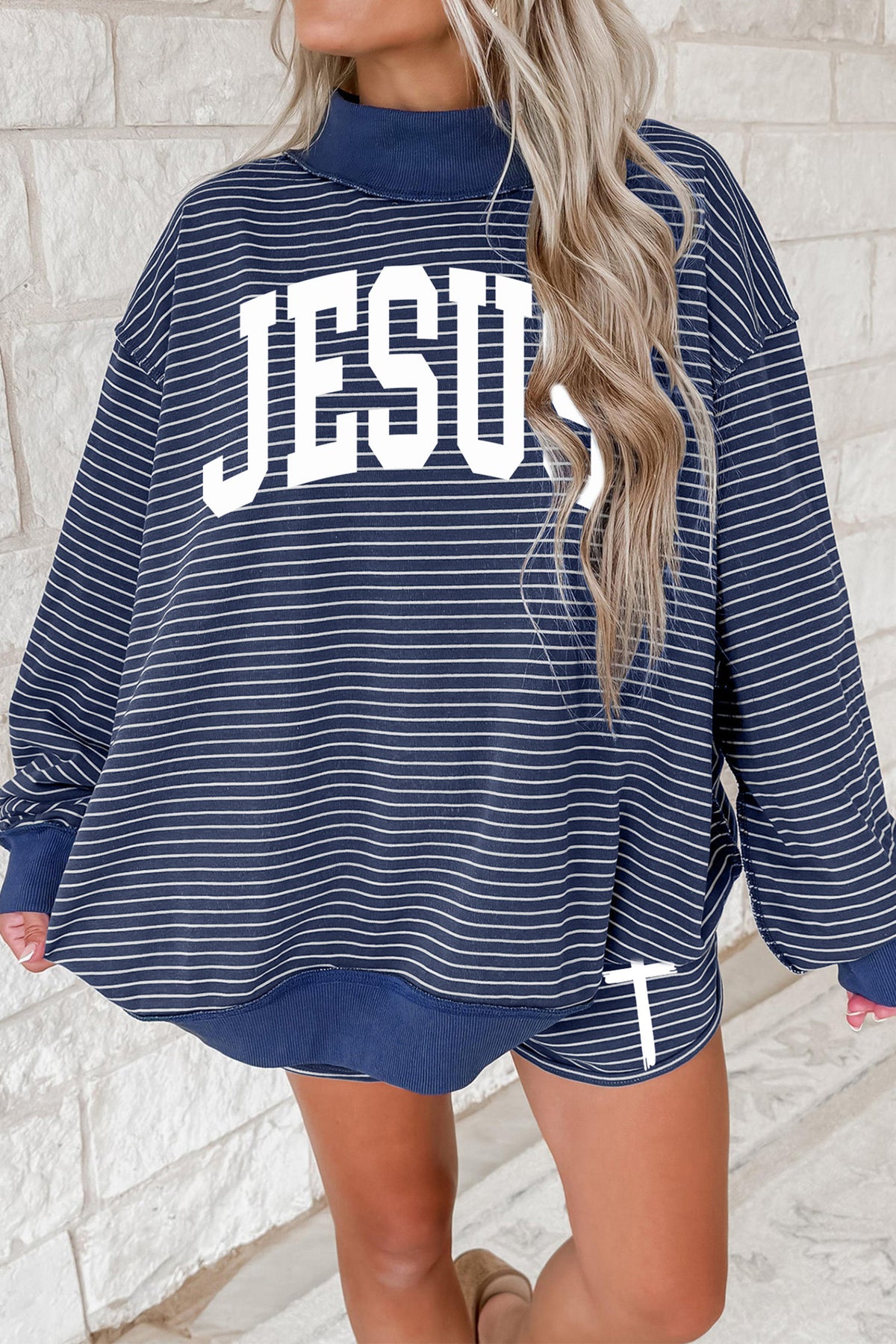 Blue Stripe Ribbed Accent Mock Neck JESUS Oversized Pullover and Shorts Set — image 00