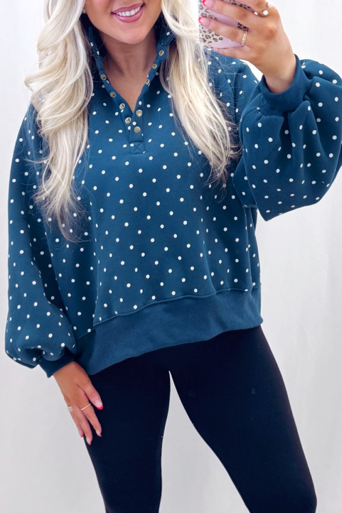 Blue Polka Dot Print Metal Button Collar Casual Pullover Sweatshirt — image 00
