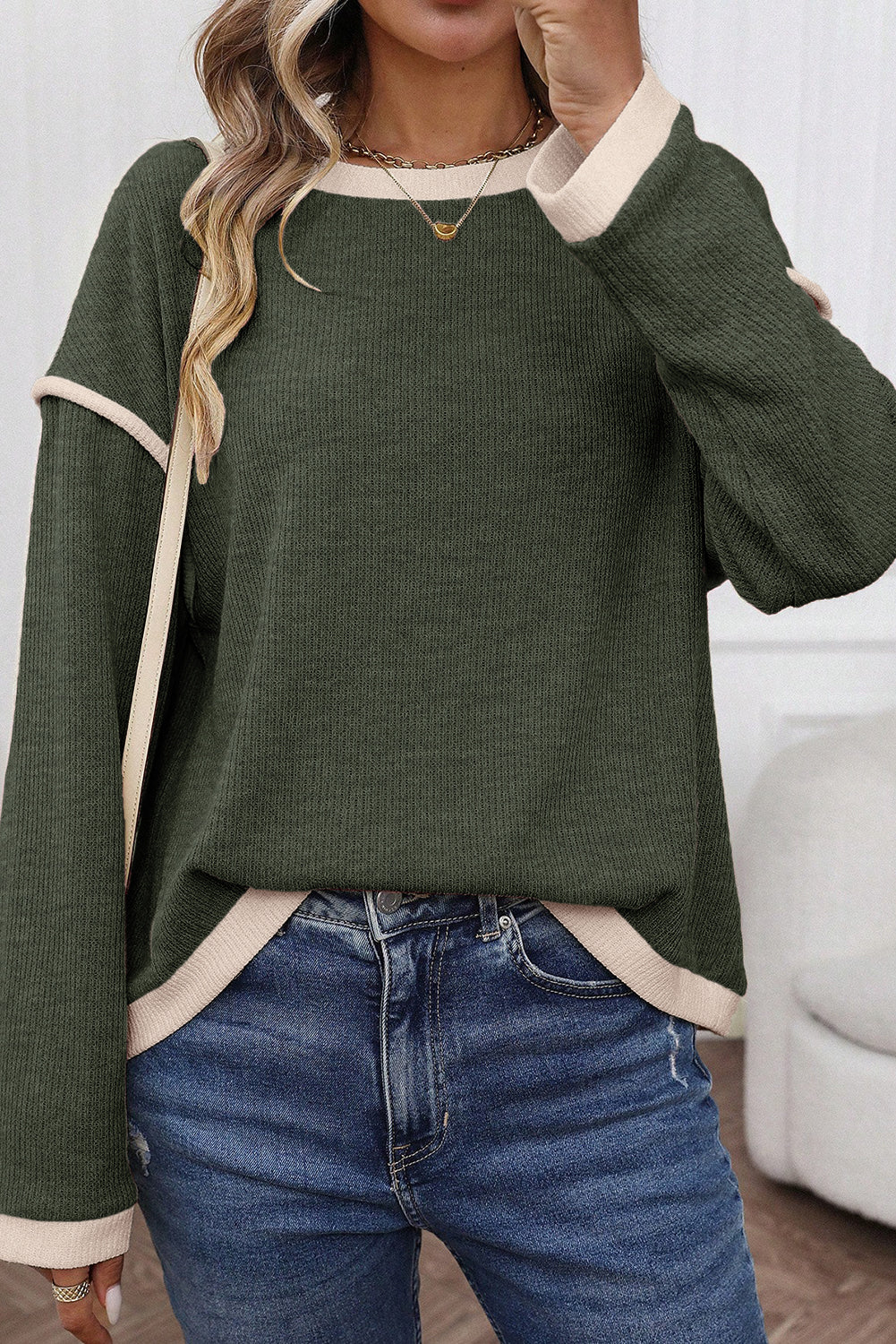 Light Pink Contrast Color Trim Knit Drop Shoulder Loose Top — image 00