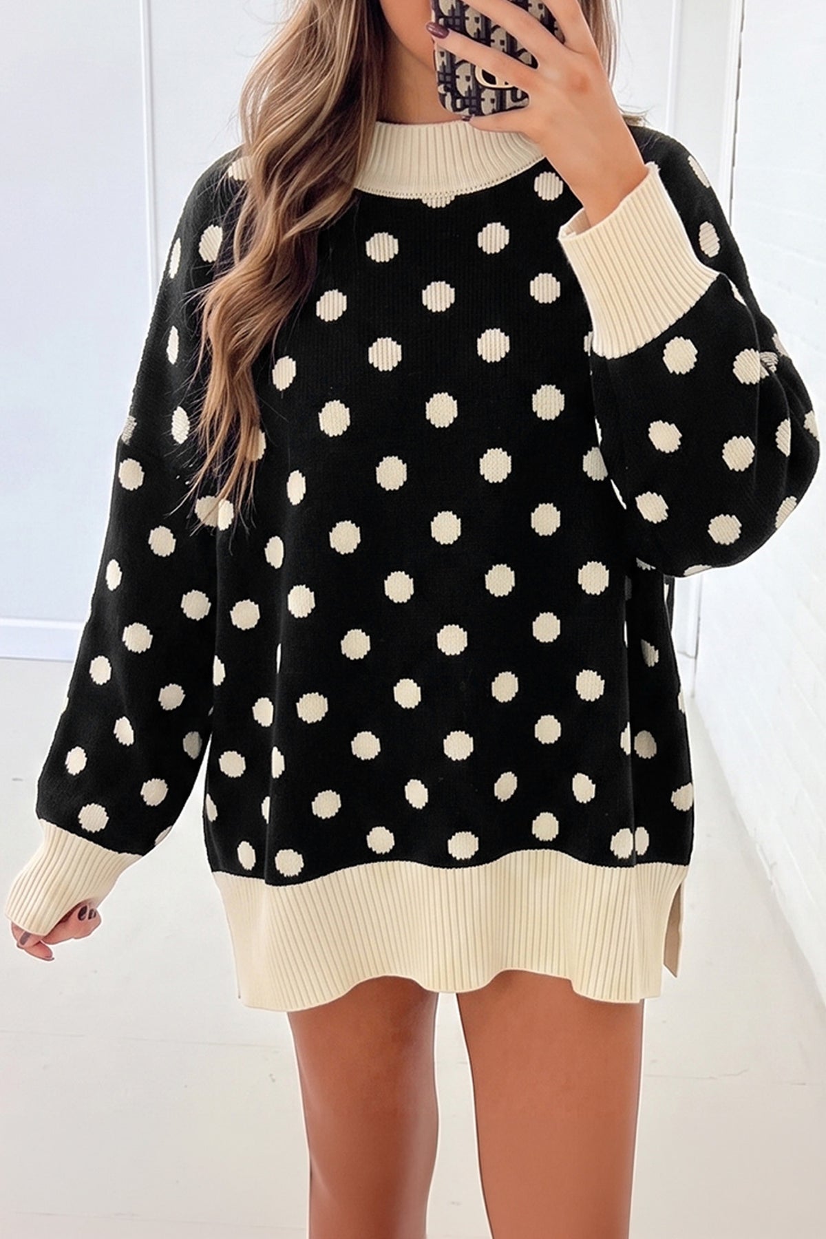 Black Polka Dot Pattern Ribbed Colorblock Trim Split Tunic Sweater — image 00