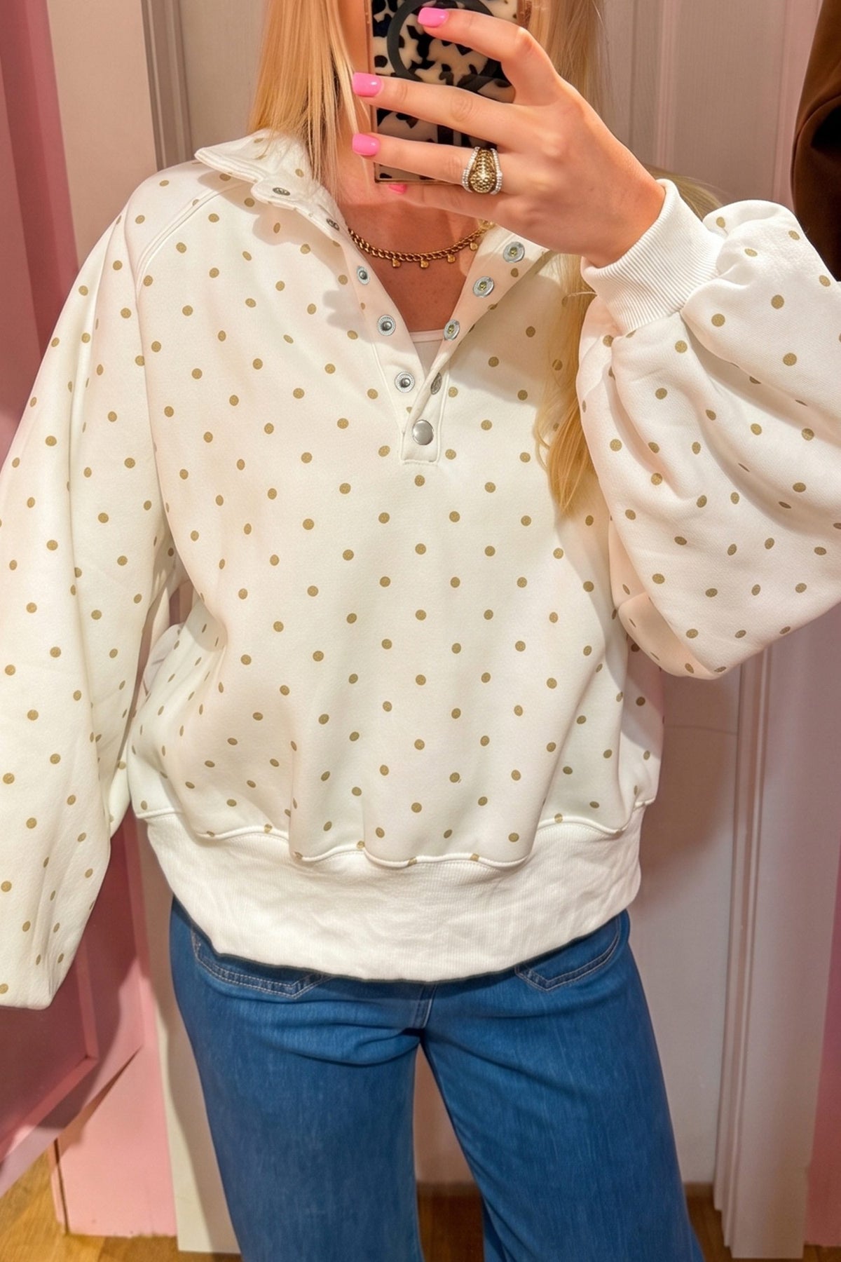 White Polka Dot Print Metal Button Collar Casual Pullover Sweatshirt — image 00