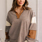 Brown Stripe Collar V Neck Color Block Pullover Top — image 00