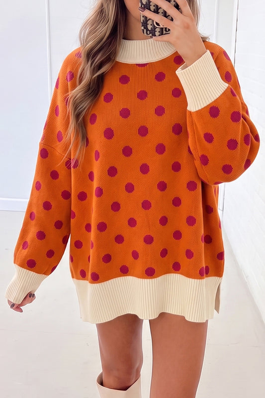 Orange Polka Dot Pattern Ribbed Colorblock Trim Split Tunic Sweater — image 00