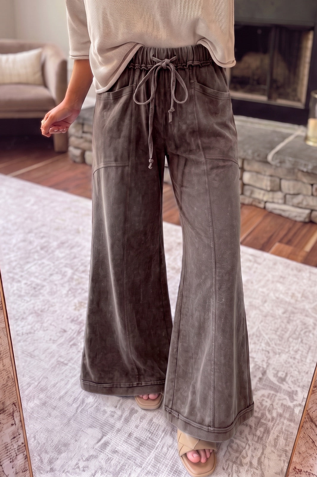 Mineral Wash Seam Detail Flare Leg Drawstring Pants — image 00