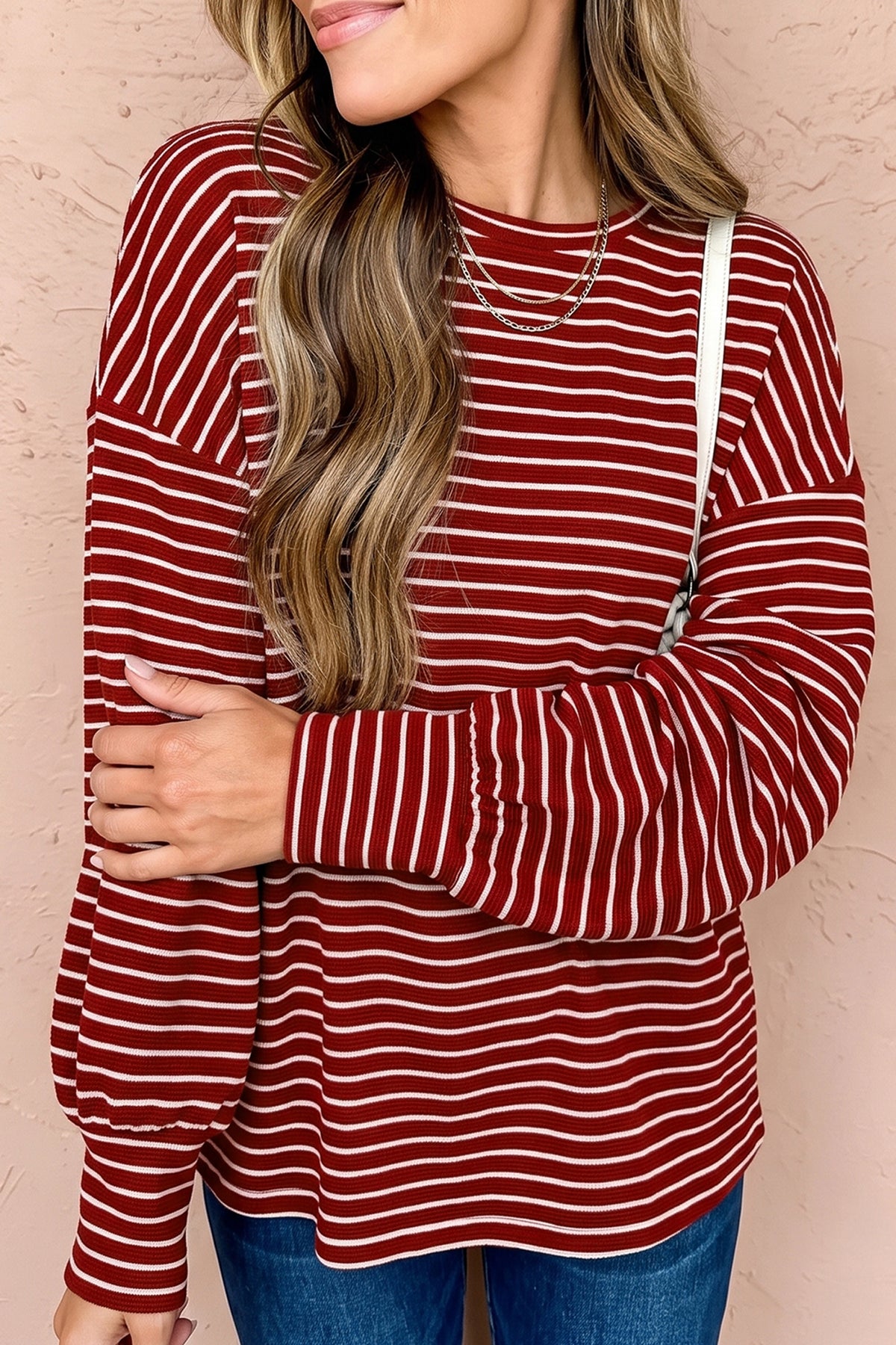 Red Stripe Drop Shoulder Long Sleeve Top — image 00