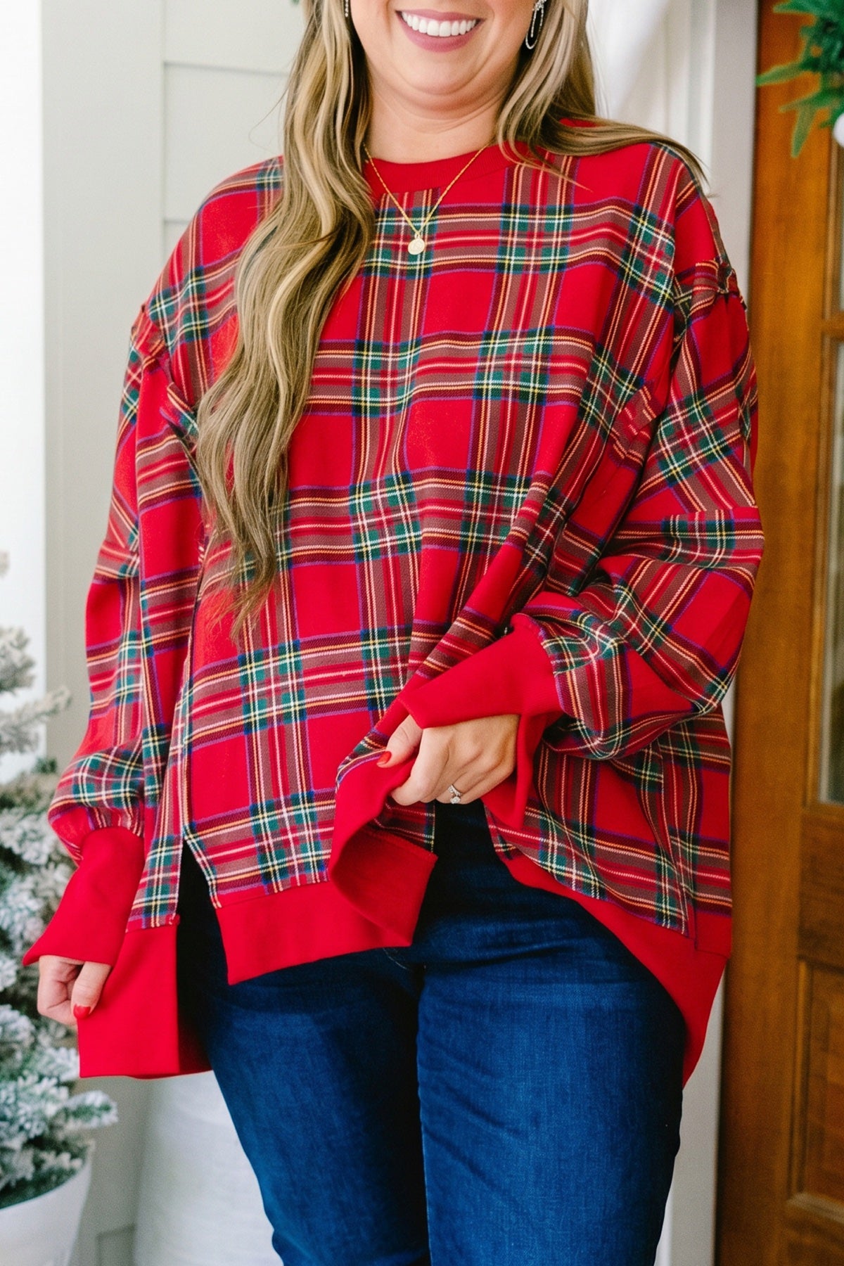 Red Festive Plaid Split Tunic Sweatshirt - Plus — image 00