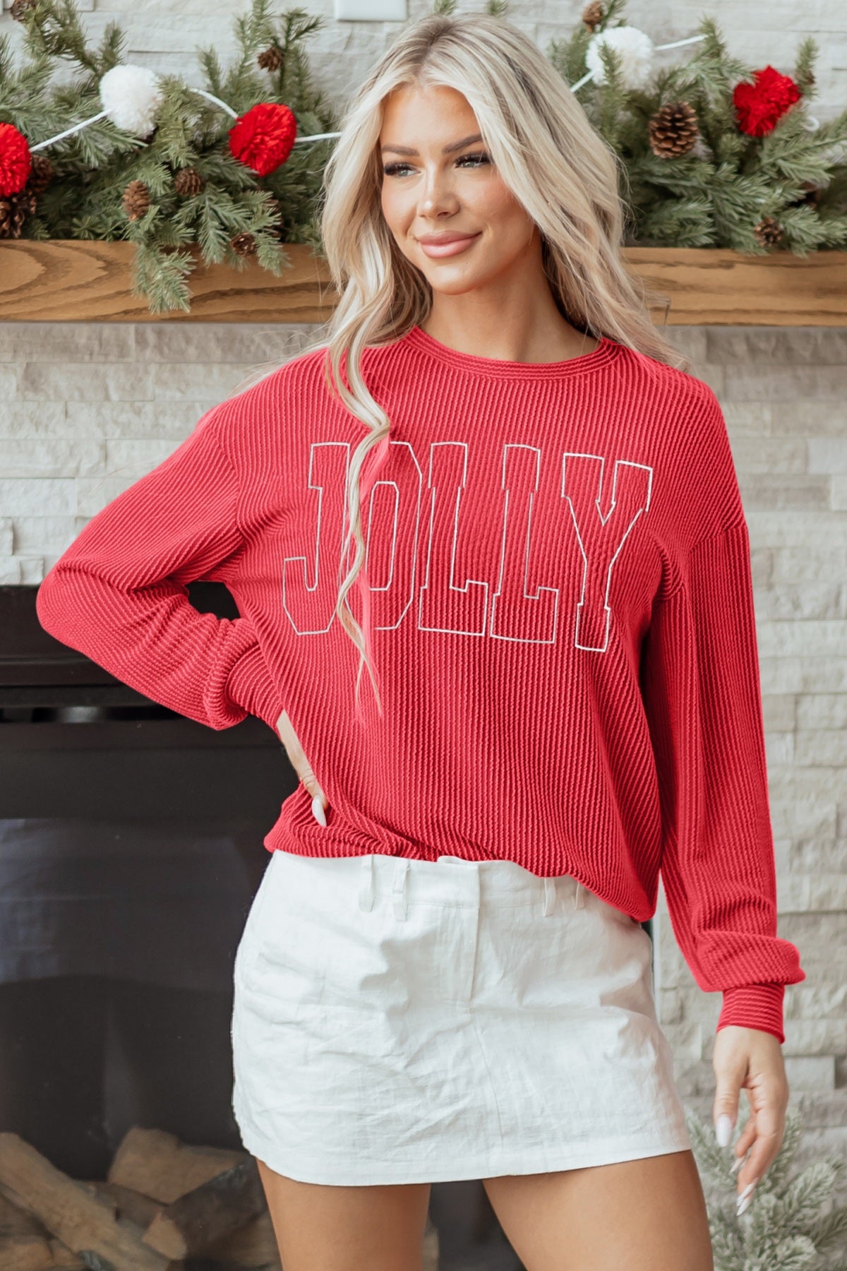 Twisted Rib Outlined MERRY Graphic Long Sleeve Top — image 00
