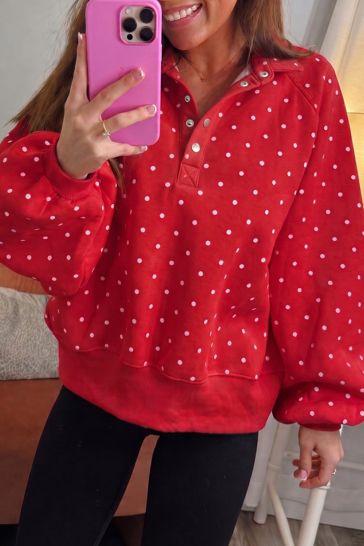 Red Polka Dot Print Metal Button Collar Casual Pullover Sweatshirt — image 00
