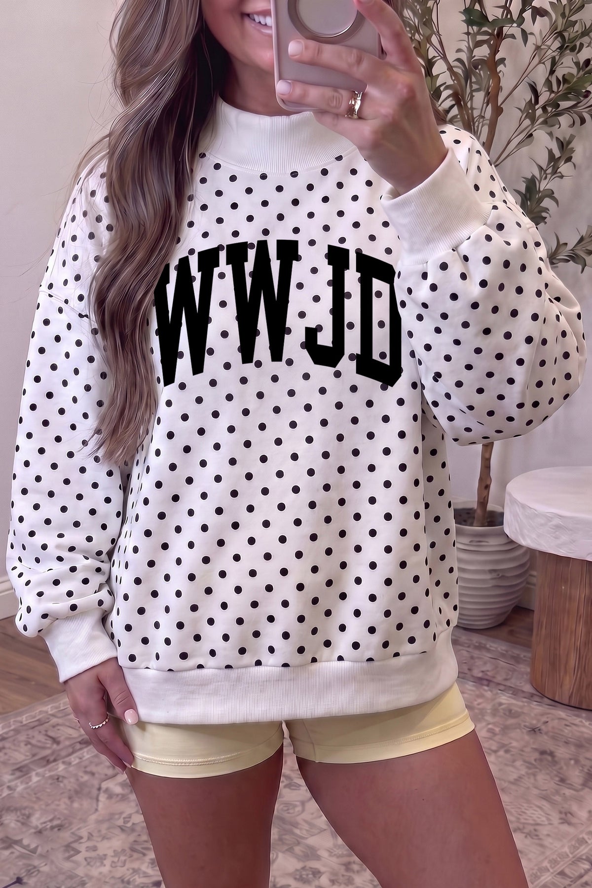 White WWJD Polka Dot High Neck Graphic Sweatshirt — image 00