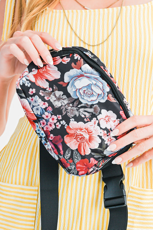 Black Floral Print Zipper Wide Strap Sling Bag — image 00