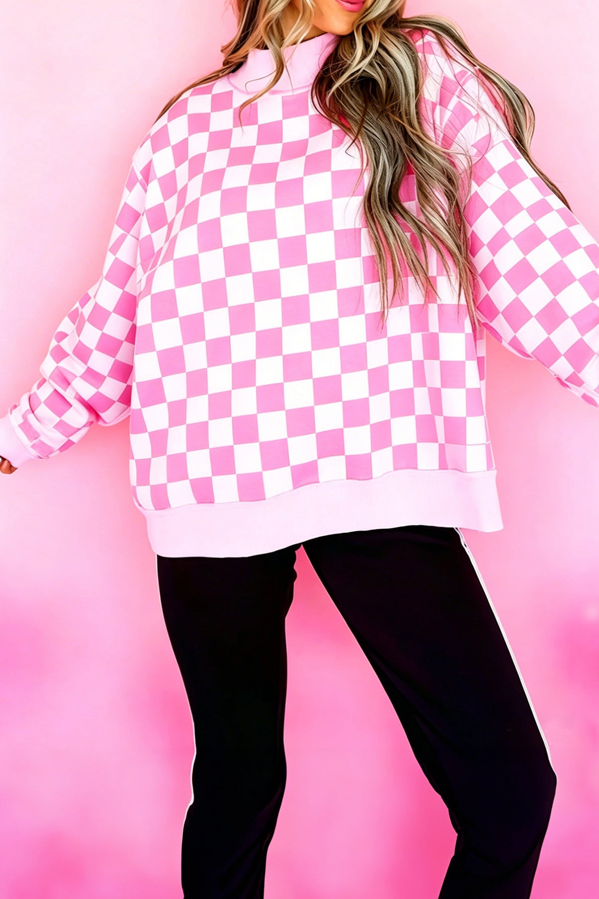 Pink Checkered Print High Neck Baggy Sweatshirt — image 00