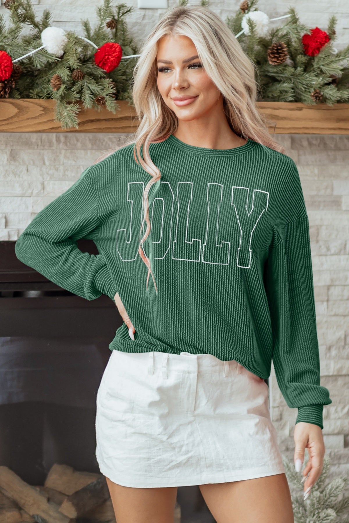 Twisted Rib Outlined MERRY Graphic Long Sleeve Top — image 00