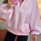 Pink Polka Dot Print Metal Button Collar Casual Pullover Sweatshirt — image 00