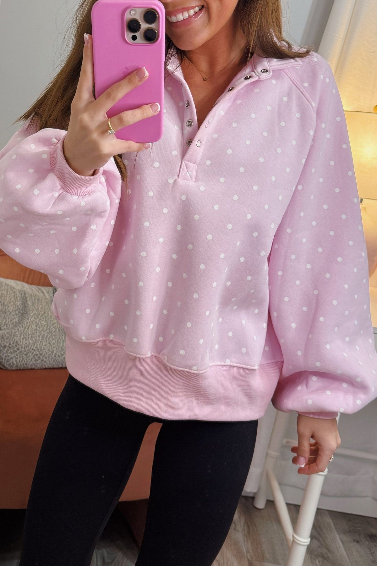 Pink Polka Dot Print Metal Button Collar Casual Pullover Sweatshirt — image 00