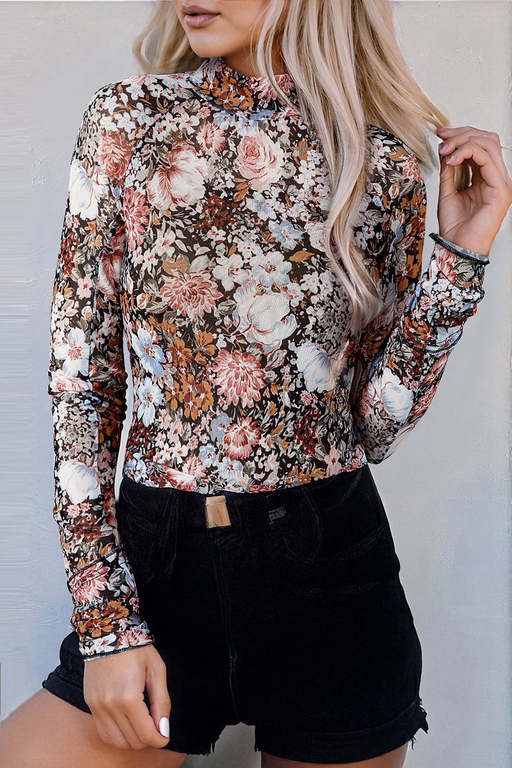 Brown Floral Long Sleeve High Neck Sheath Mesh Blouse — image 00
