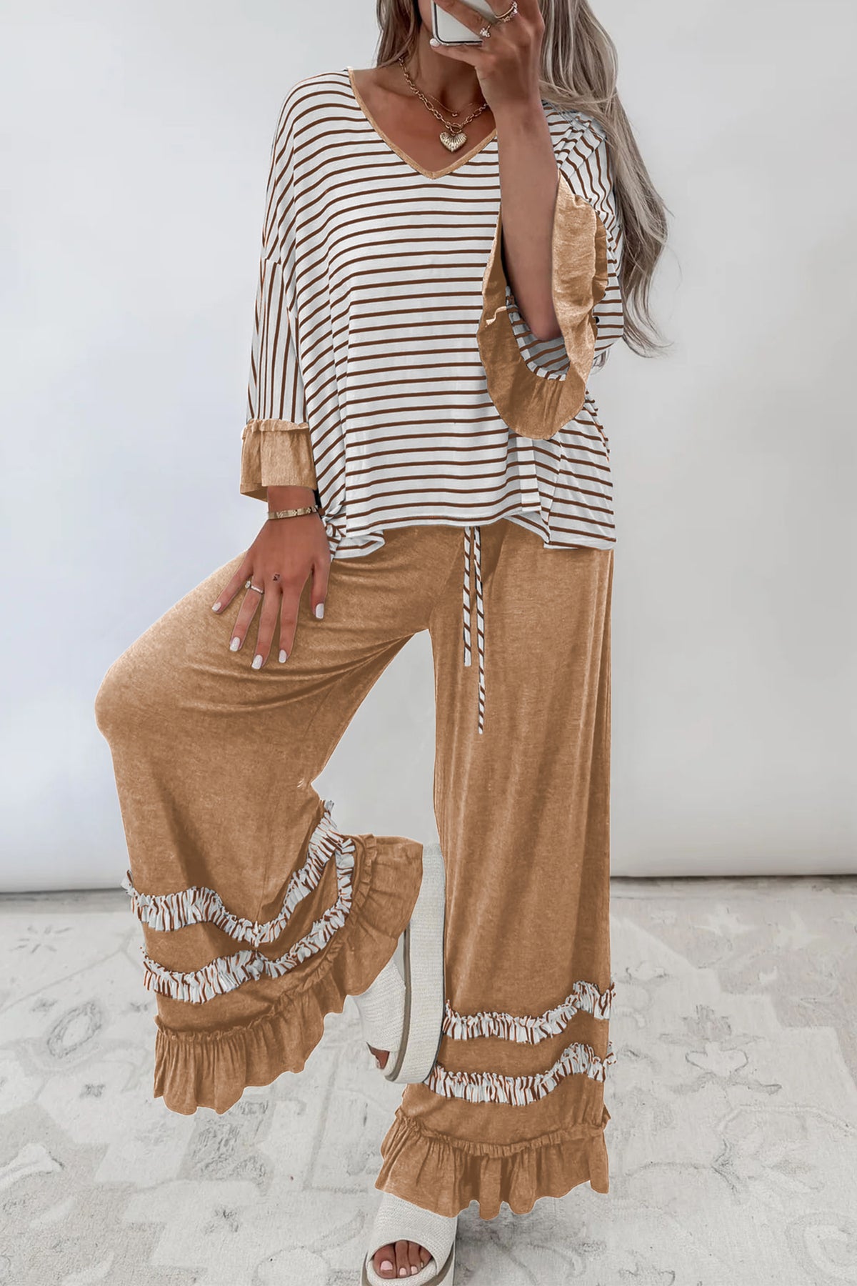 Stripe V-Neck Ruffle Contrast Sleeve Top + Drawstring Pants Set — image 00