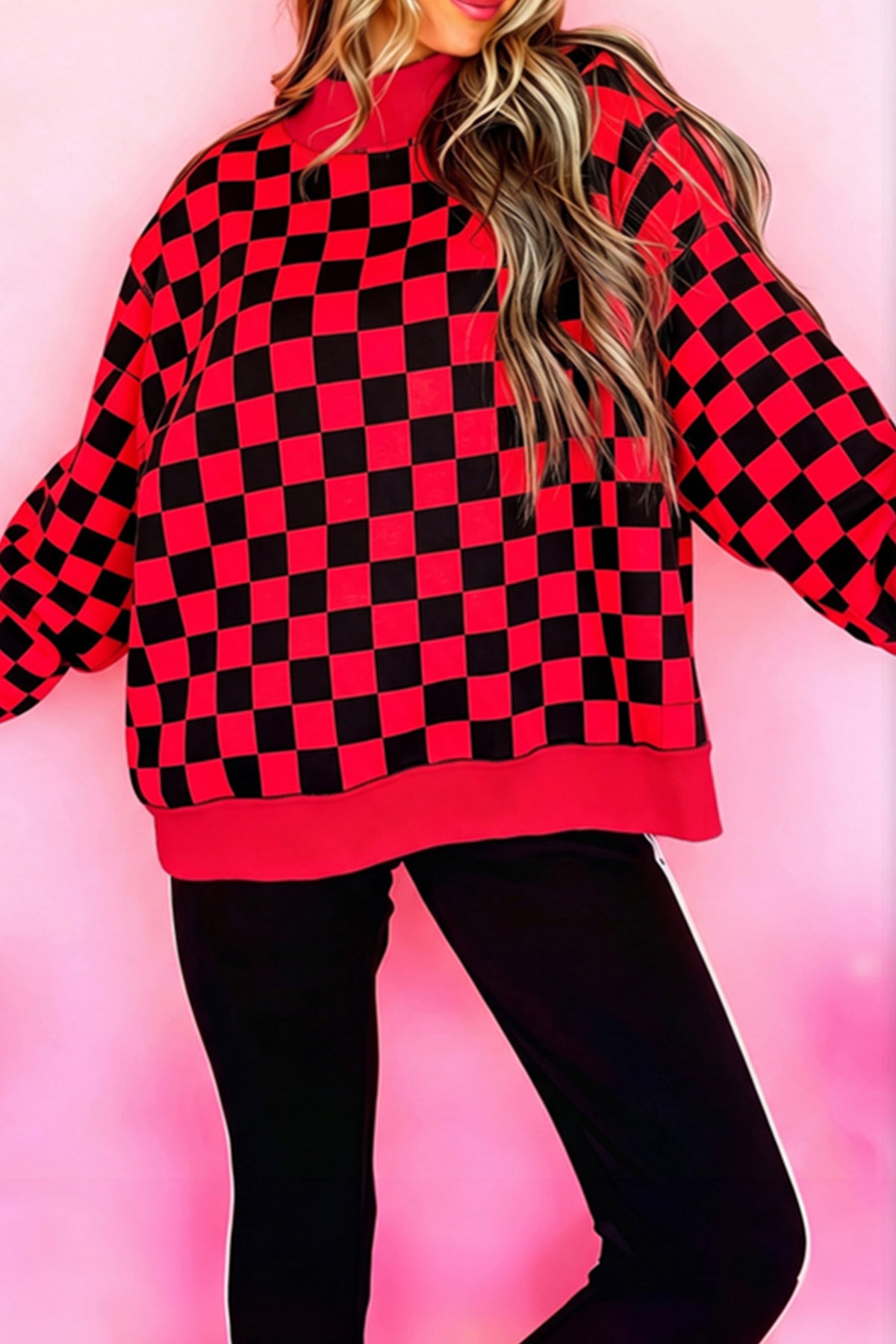 Red Checkered Print High Neck Baggy Sweatshirt — image 00