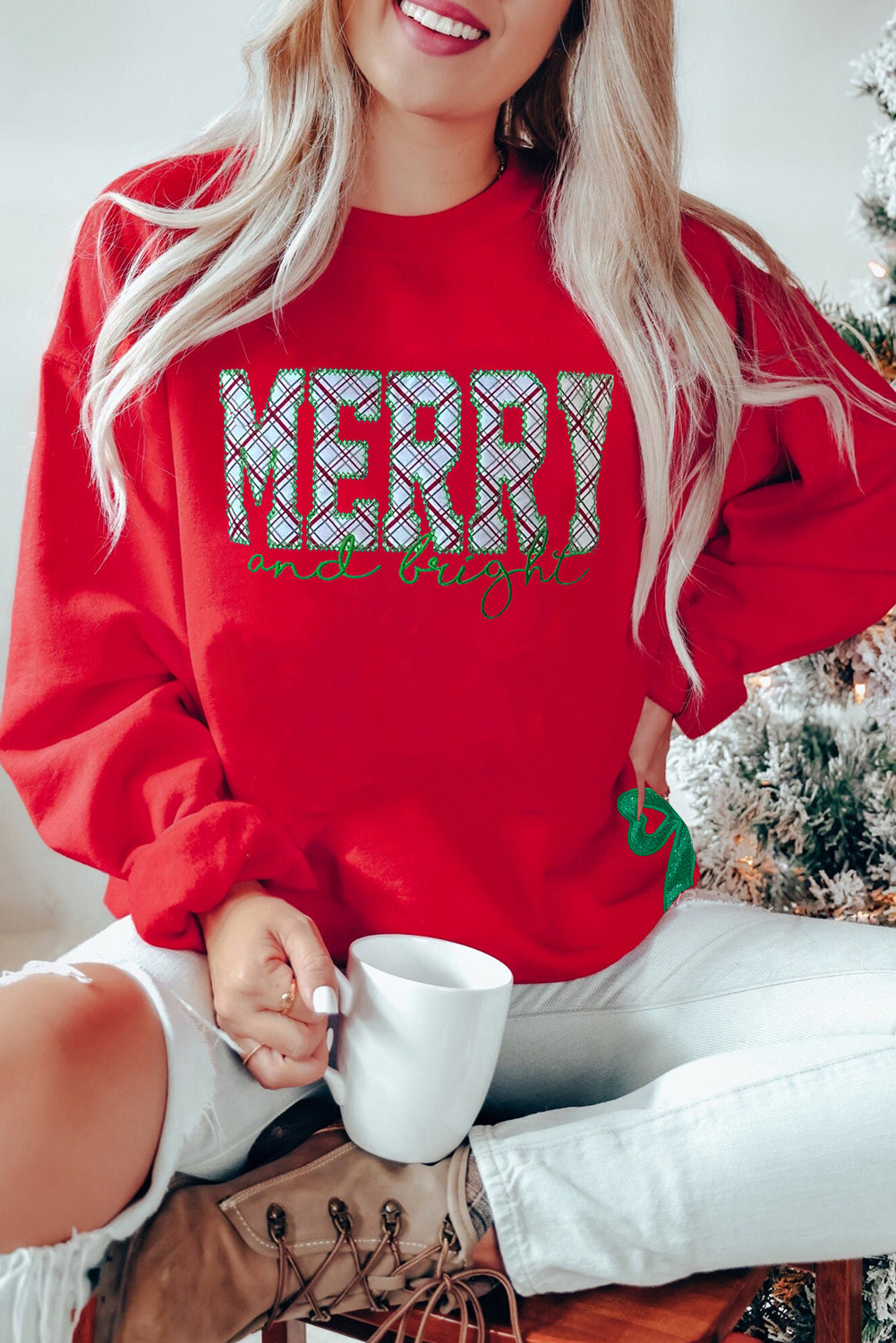 Fiery Red Merry & Bright Plaid Sequin Bow Christmas Sweatshirt — image 00