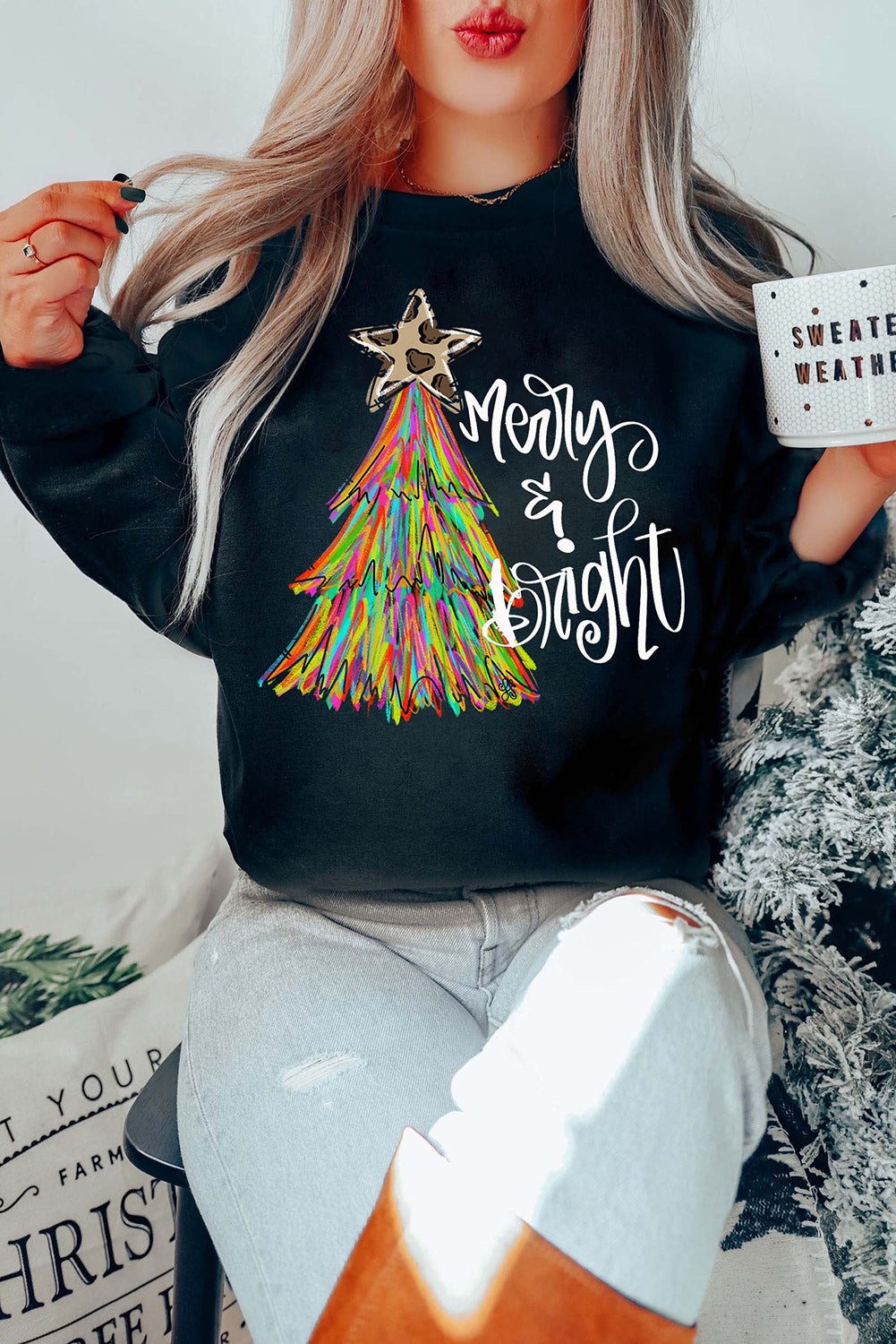 Black Merry & Bright Christmas Tree Graphic Sweatshirt — image 00