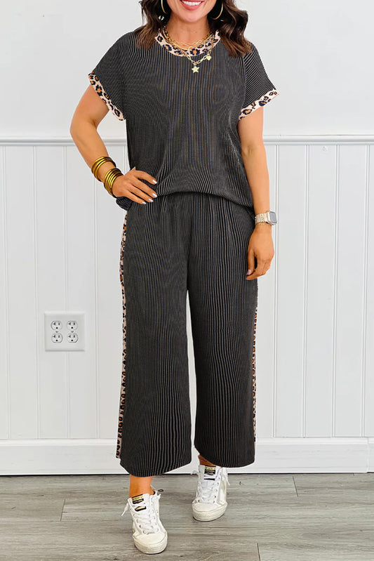 Carbon Gray Leopard Patchwork Edge Twisted Rib T-Shirt and Crop Pant Set — image 00