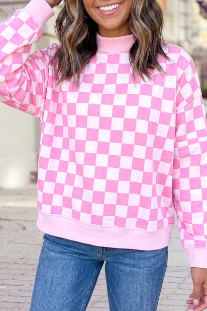 Pink Checkered Print High Neck Baggy Sweatshirt — image 01