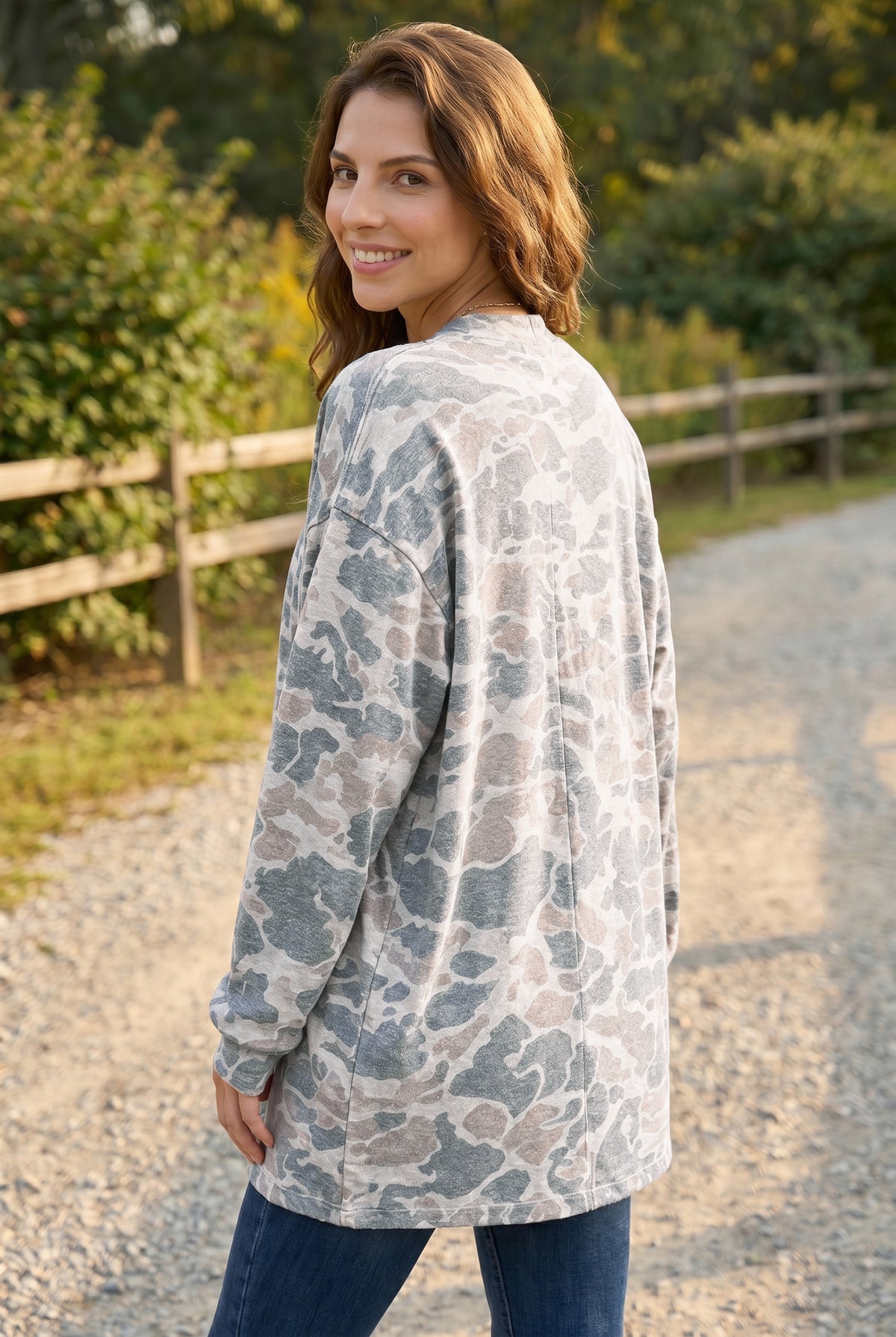Multicolor Camouflage Print Long Sleeve Open Front Tunic Cardigan — image 01