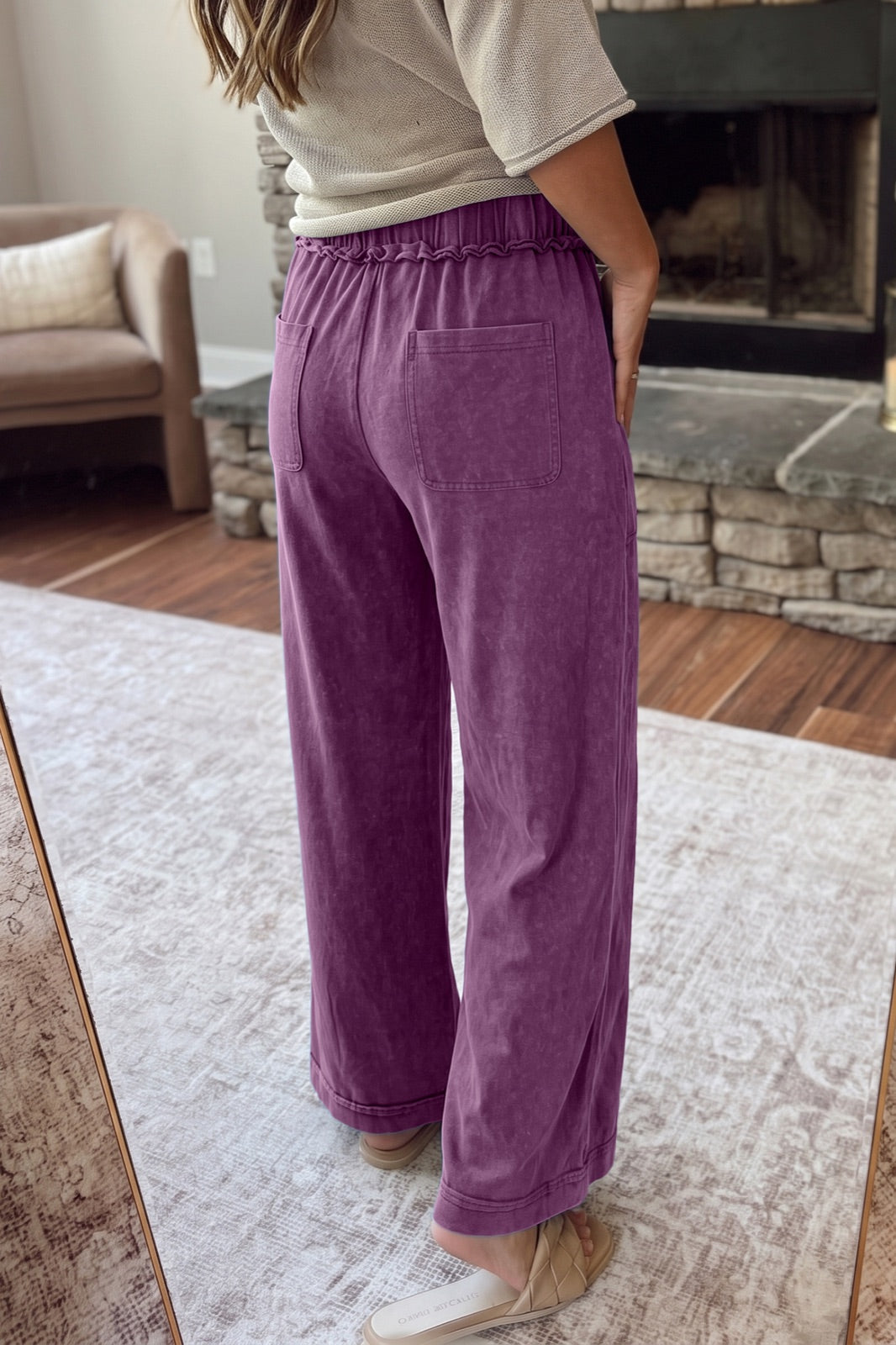 Mineral Wash Seam Detail Flare Leg Drawstring Pants — image 01