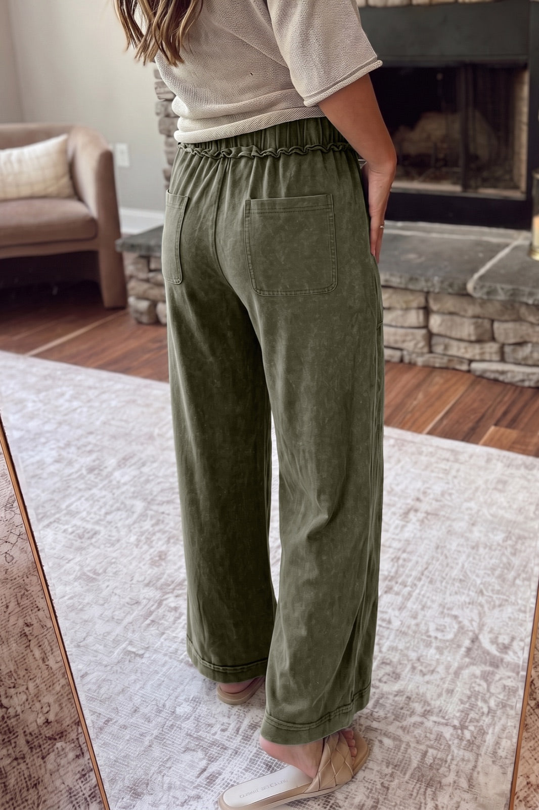 Mineral Wash Seam Detail Flare Leg Drawstring Pants — image 01