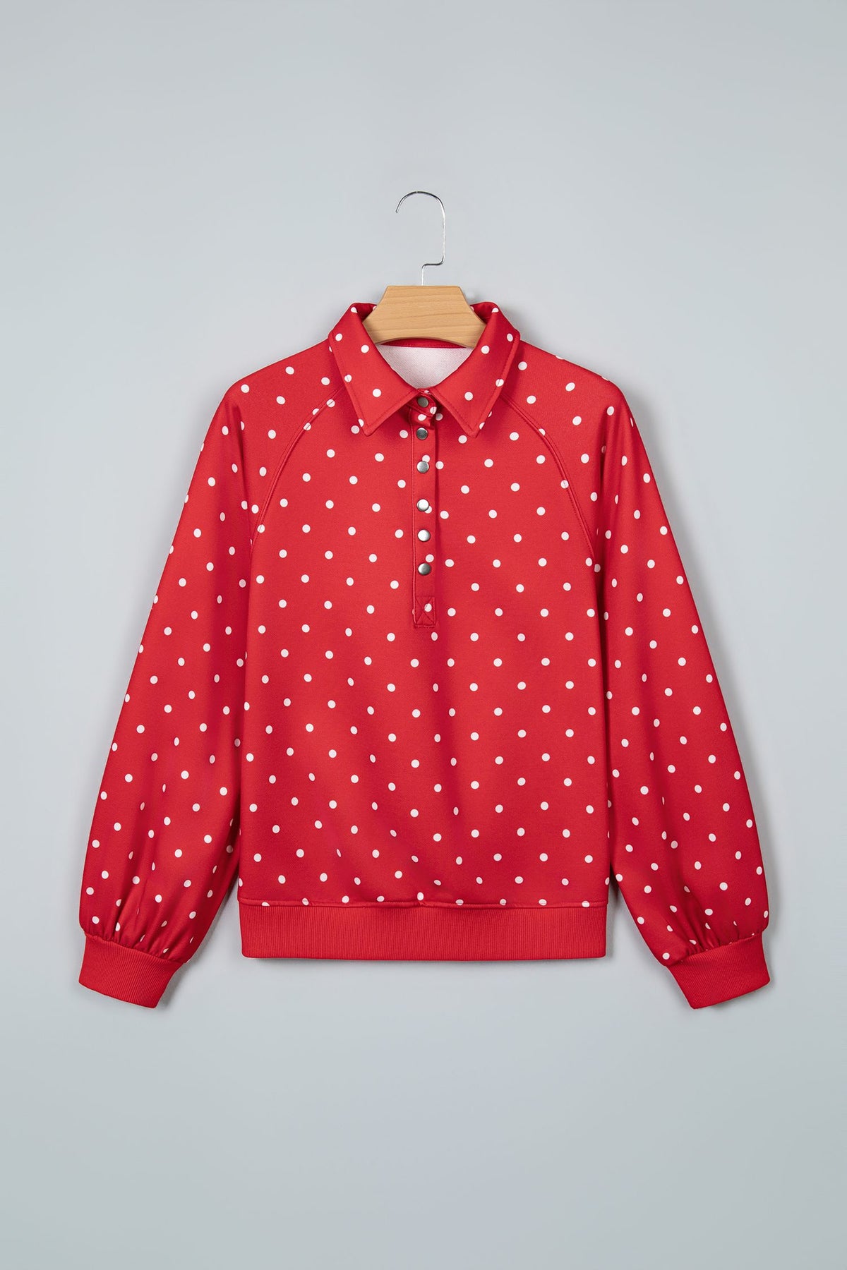 Red Polka Dot Print Metal Button Collar Casual Pullover Sweatshirt — image 01