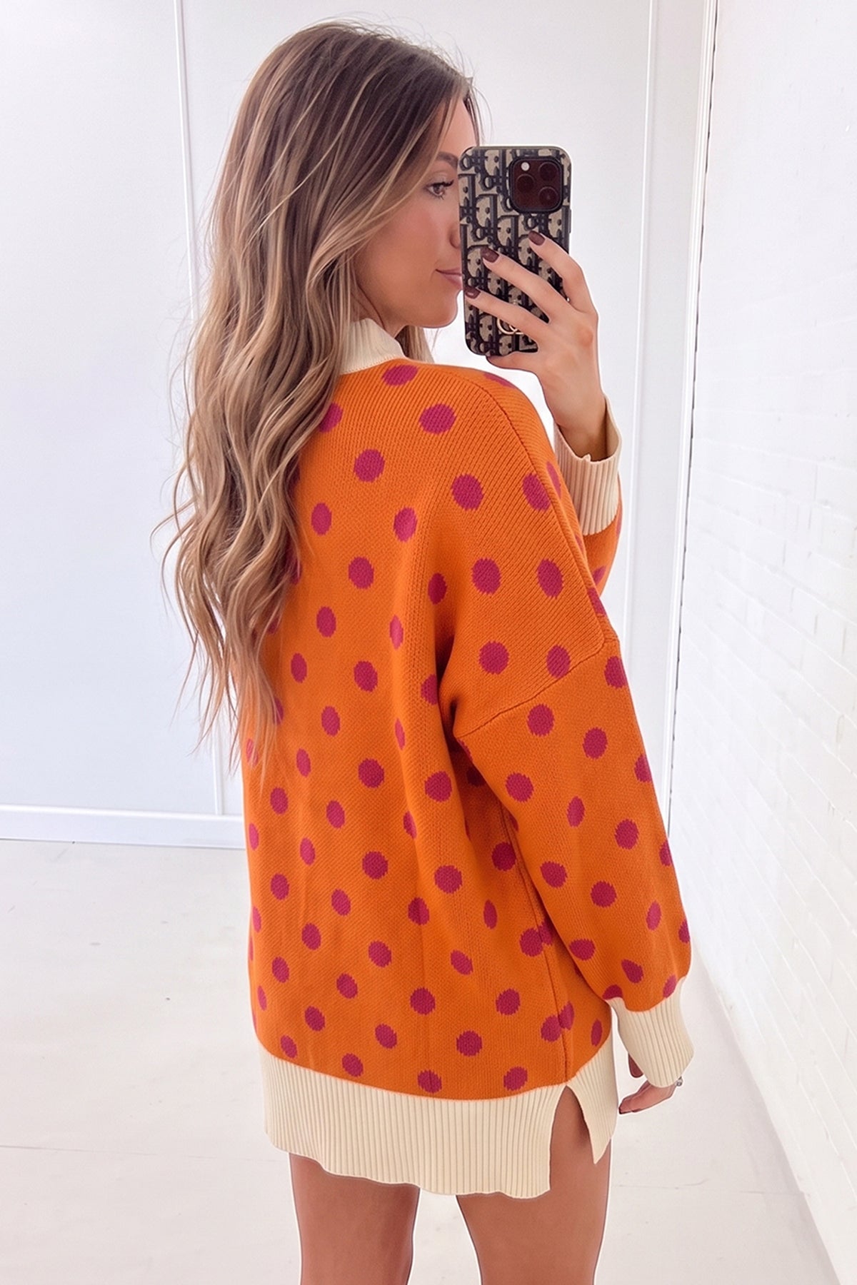 Orange Polka Dot Pattern Ribbed Colorblock Trim Split Tunic Sweater — image 01