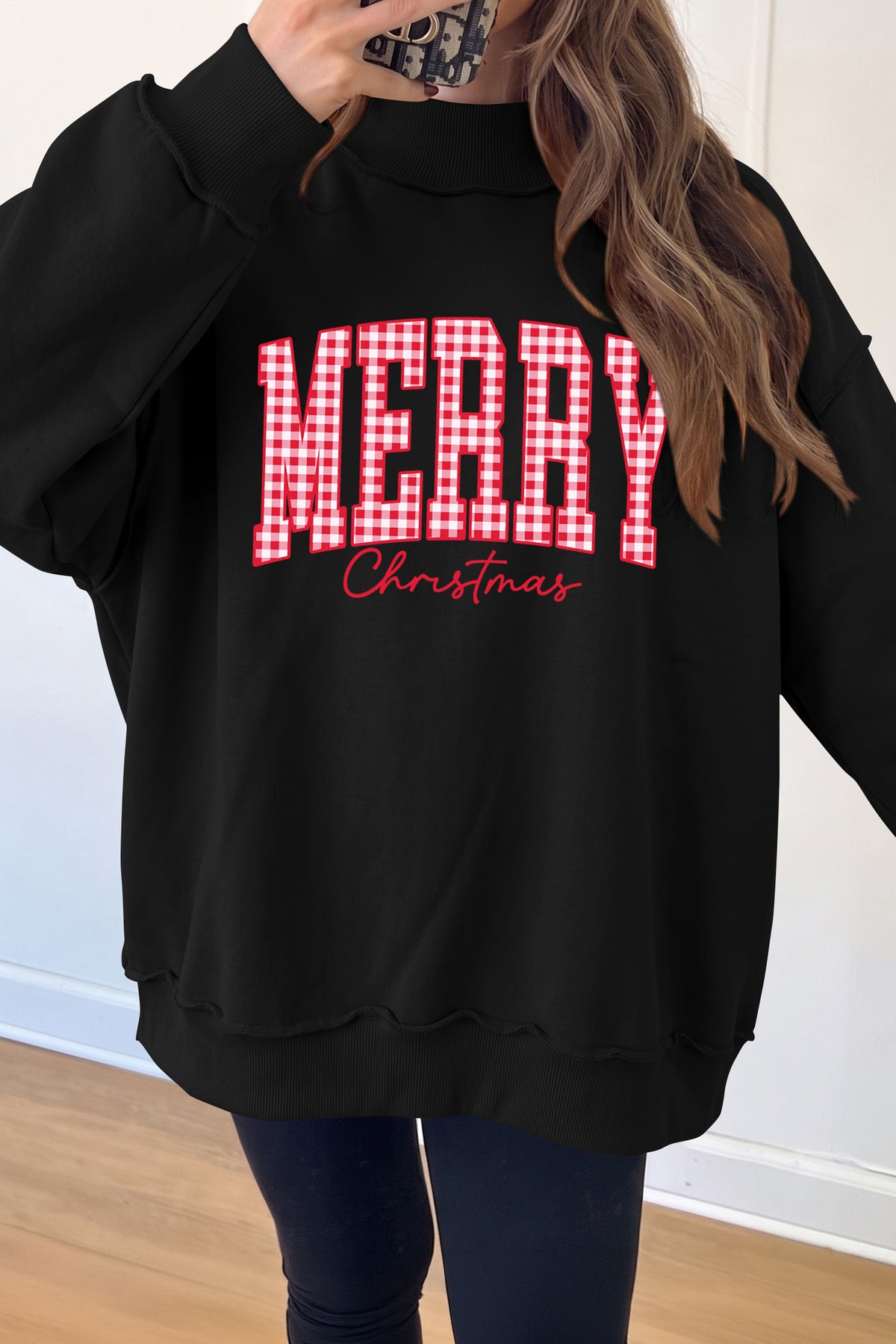 Black Plaid Merry Christmas High Neck Sweatshirt — image 01