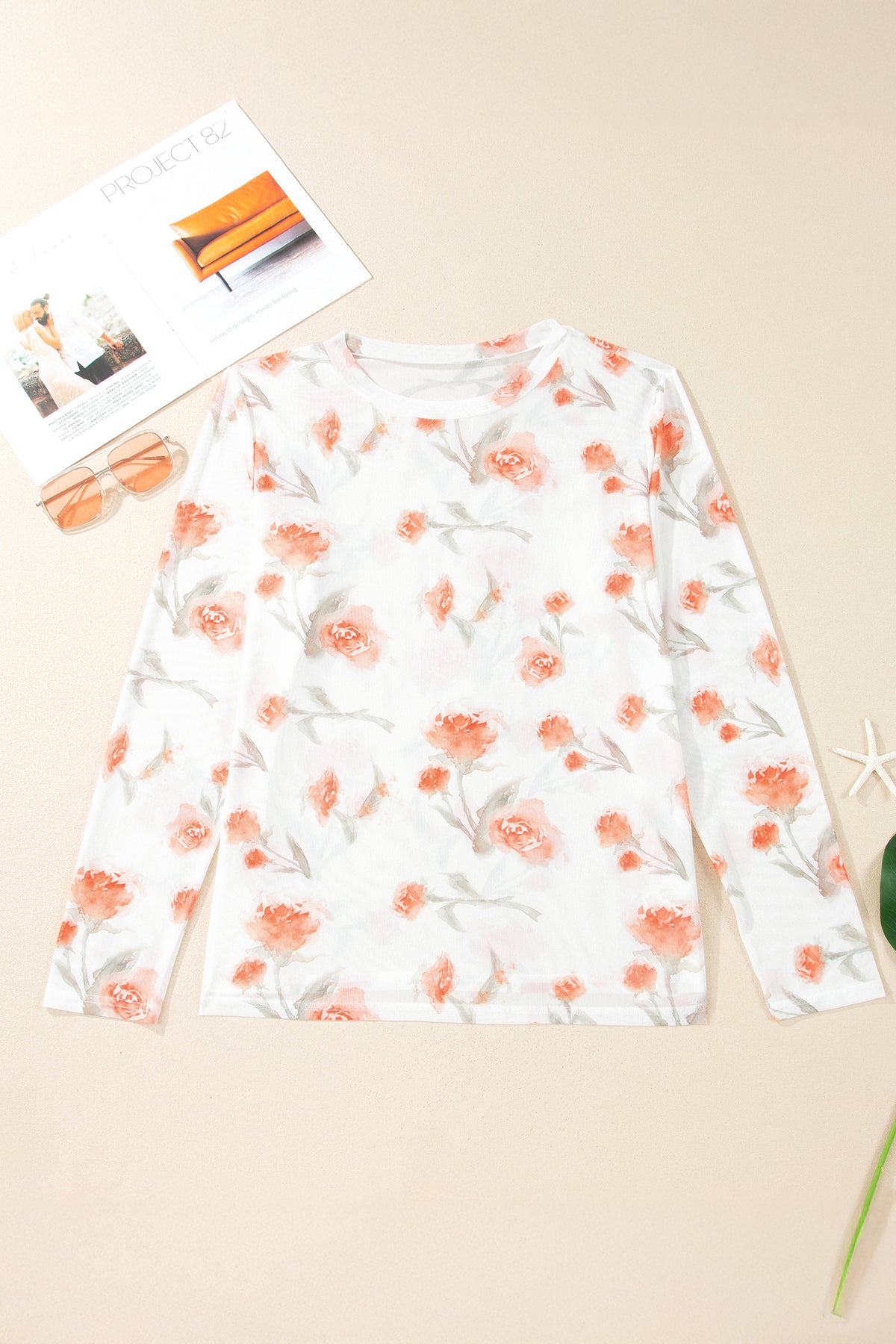 Red Plus Size Floral Print Sheer Mesh Long Sleeve Top — image 01