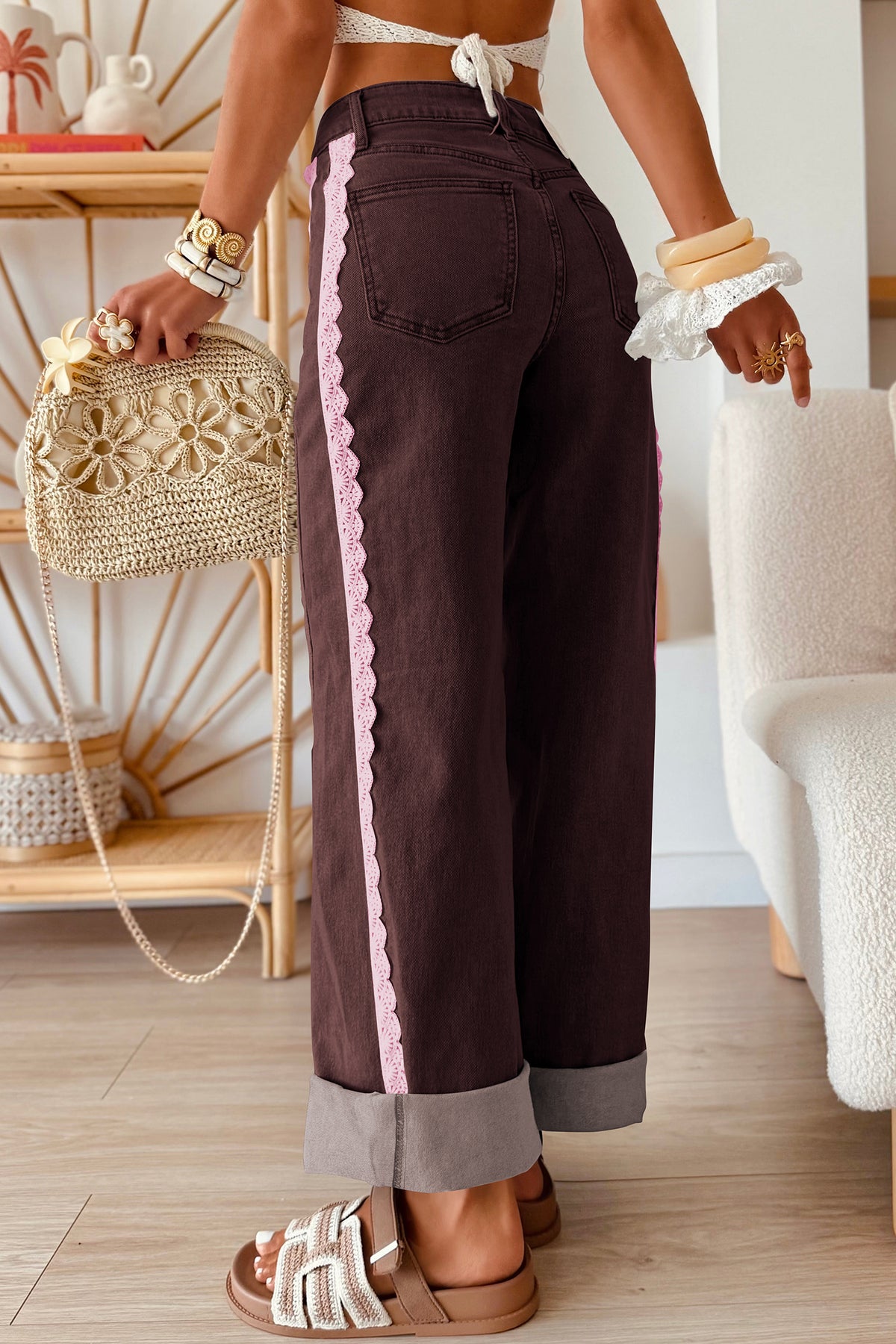 Coffee Lace Trim Casual Full-Length Regular Fit Jeans — image 01