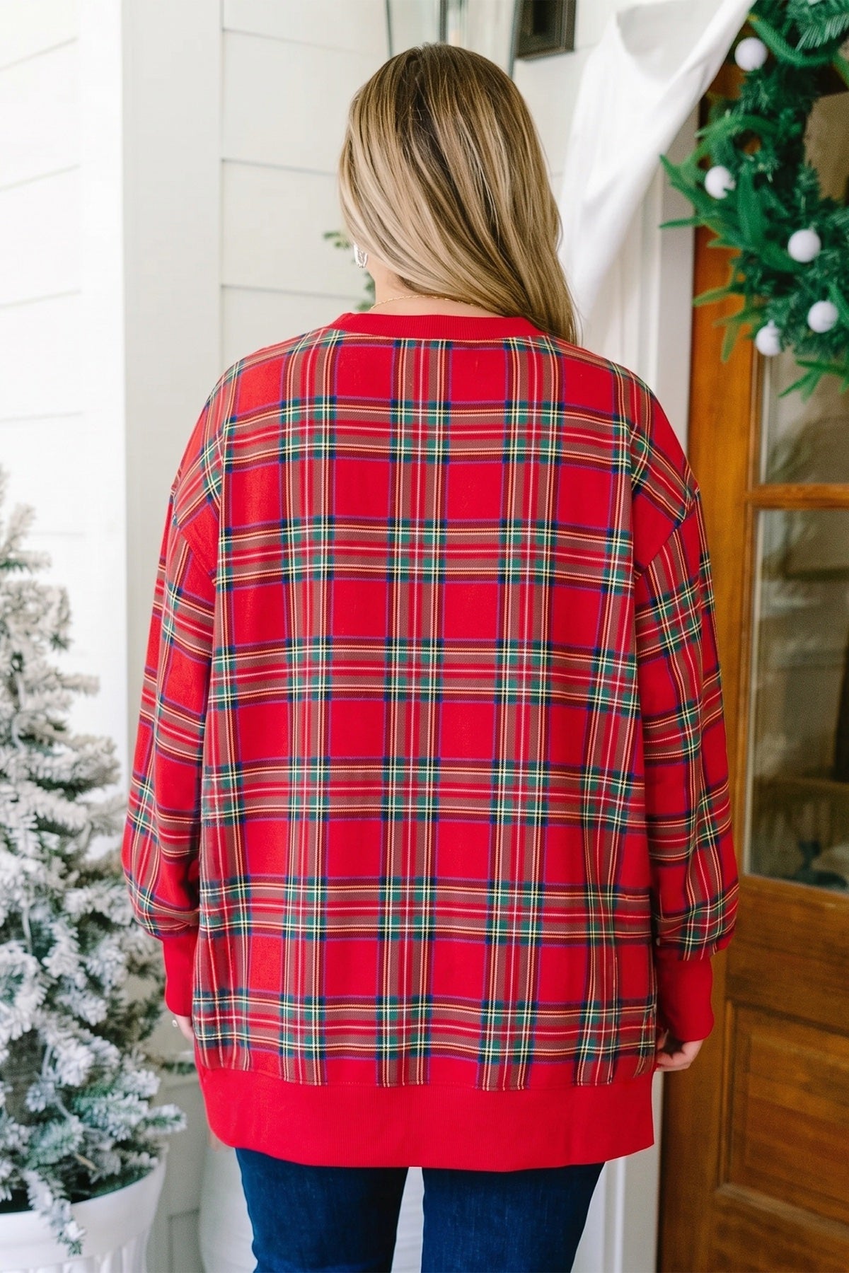 Red Festive Plaid Split Tunic Sweatshirt - Plus — image 01