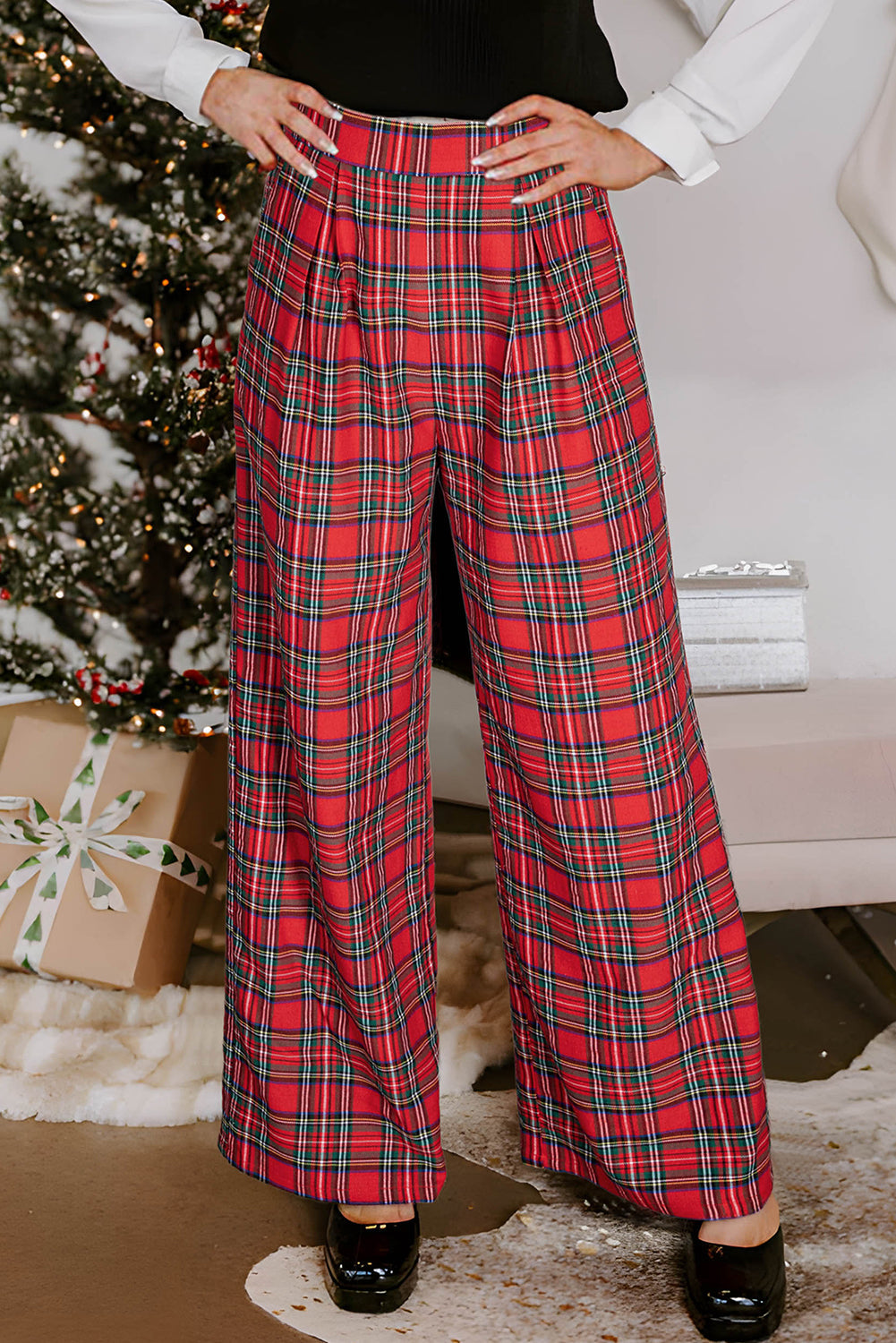 Red Festive Plaid Wide Leg Pull On Pants — image 01