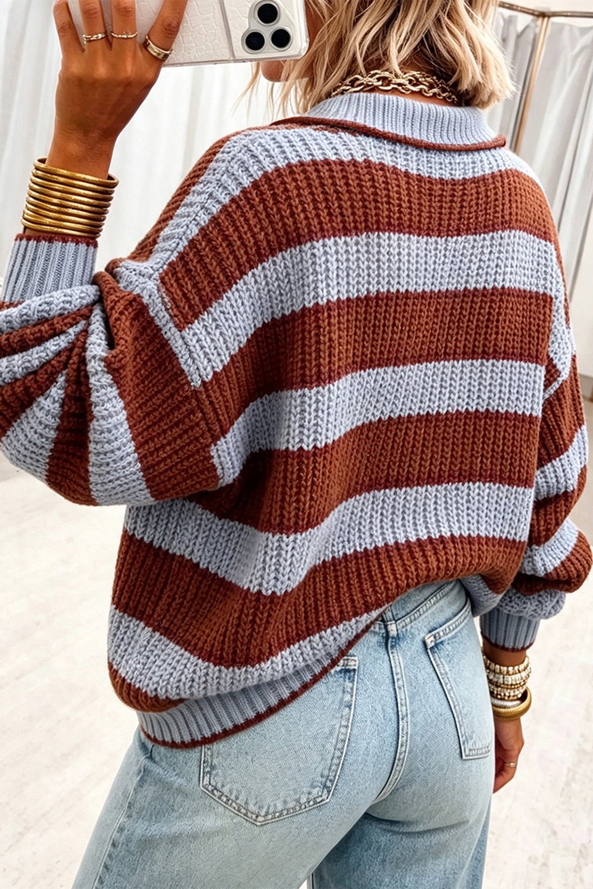 Racing Red Button Collar Relaxed Pullover Sweater — image 01