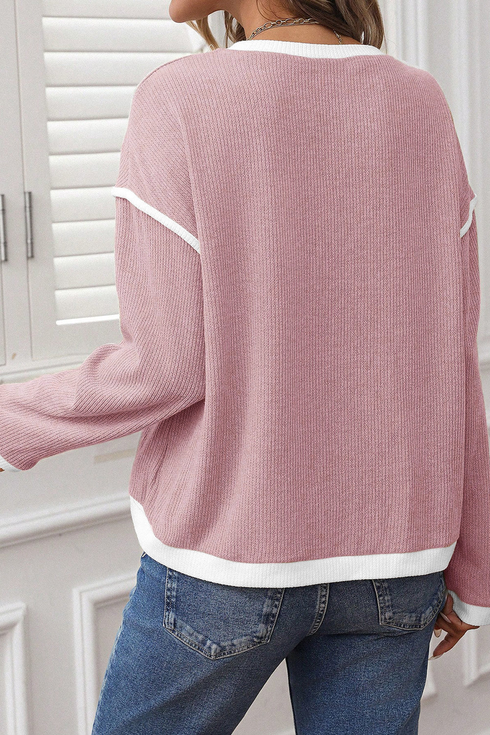 Light Pink Contrast Color Trim Knit Drop Shoulder Loose Top — image 01