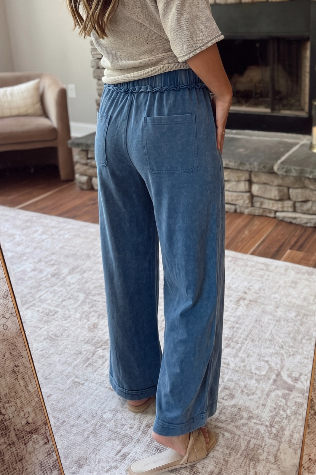 Mineral Wash Seam Detail Flare Leg Drawstring Pants — image 01