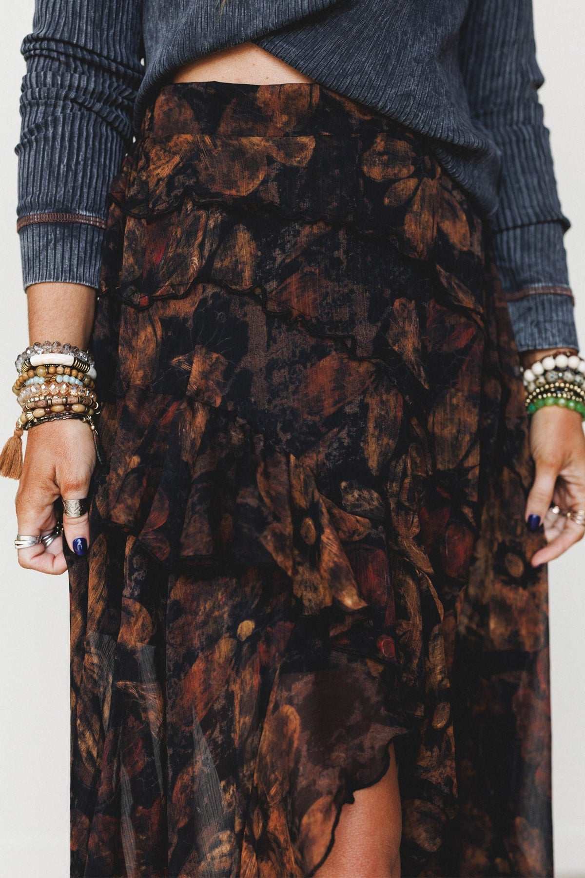 PREORDER // Brown Floral Print Ruffle Split Hem Flowy Long Skirt // ETA 11/19 — image 01