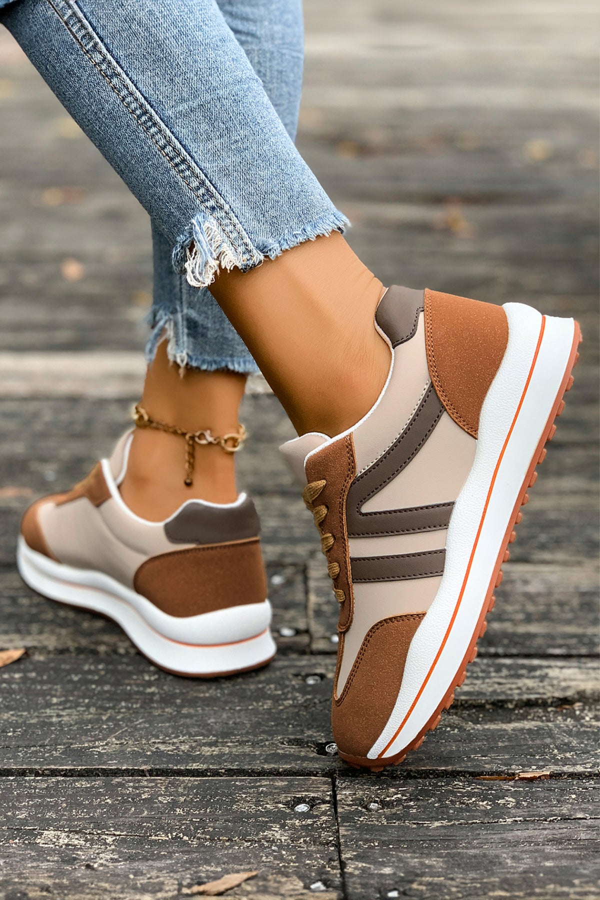 Brown Varsity Color Block Patchwork Lace-up PU Leather Sneakers — image 01