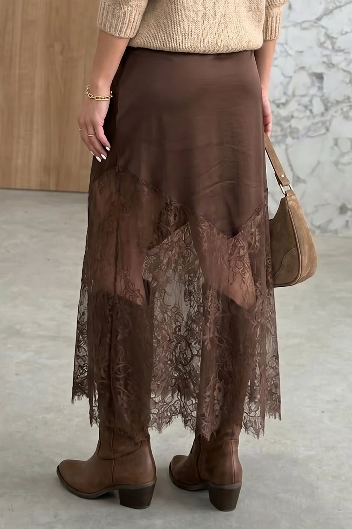 PREORDER // Dark Brown Lace Patchwork Hem Long Skirt // ETA November — image 01