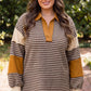 Brown Stripe Collar V Neck Color Block Pullover Top — image 01