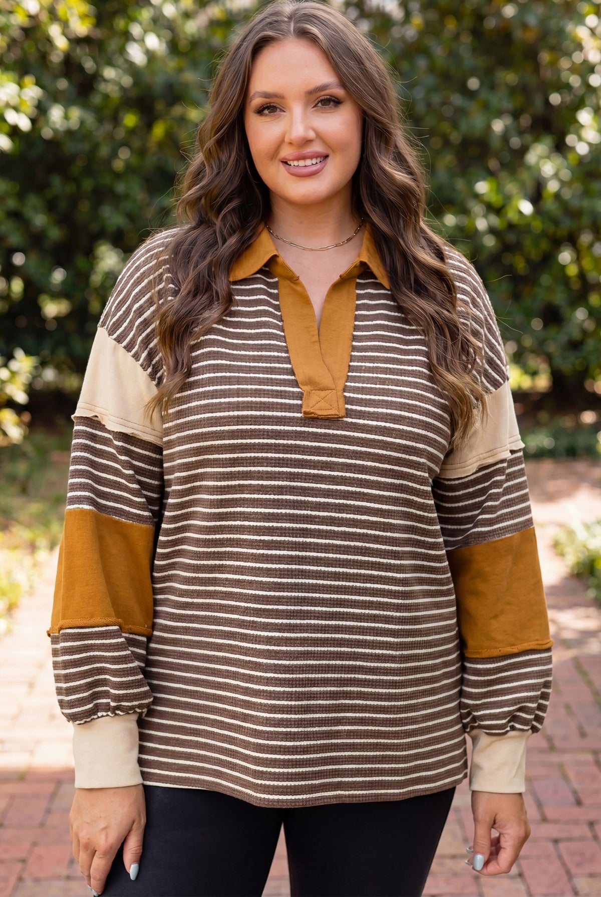 Brown Stripe Collar V Neck Color Block Pullover Top — image 01