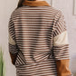 Brown Stripe Collar V Neck Color Block Pullover Top — image 01
