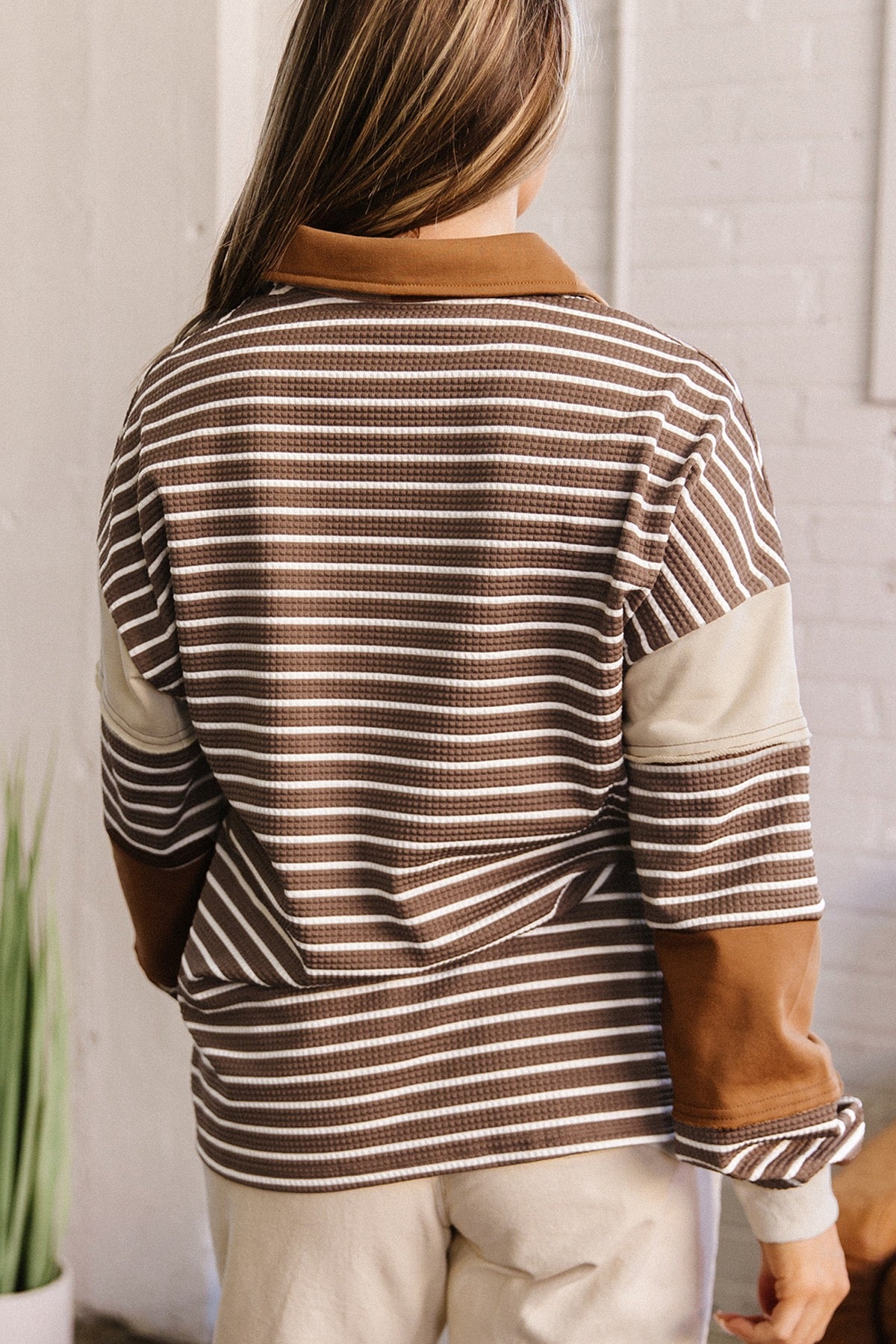 Brown Stripe Collar V Neck Color Block Pullover Top — image 01