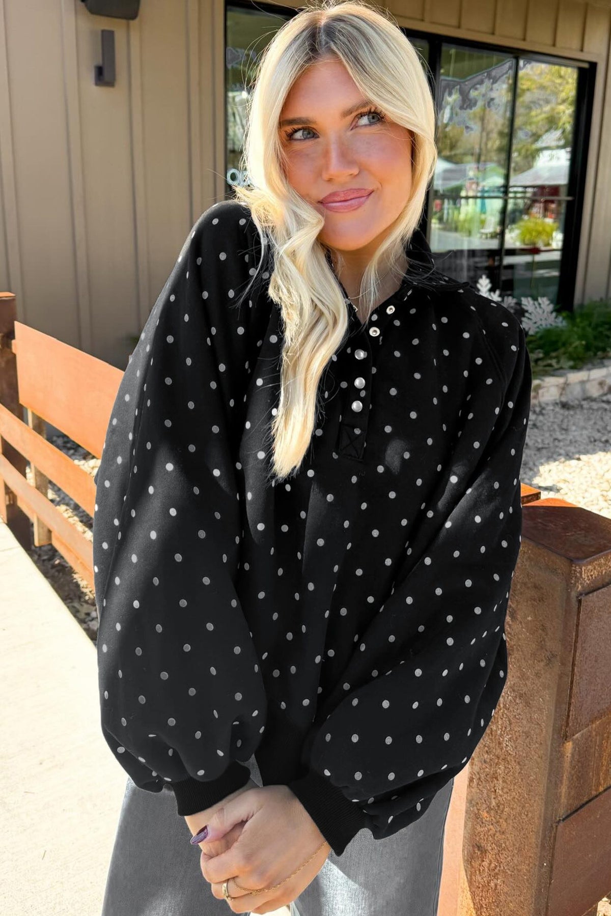 Black Polka Dot Print Metal Button Collar Casual Pullover Sweatshirt — image 01