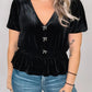 Black V Neck Bow Decorations Peplum Hem Shift Silhouette Short Sleeve Blouse — image 01