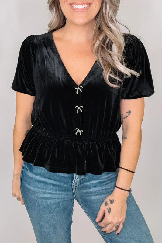 Black V Neck Bow Decorations Peplum Hem Shift Silhouette Short Sleeve Blouse — image 01
